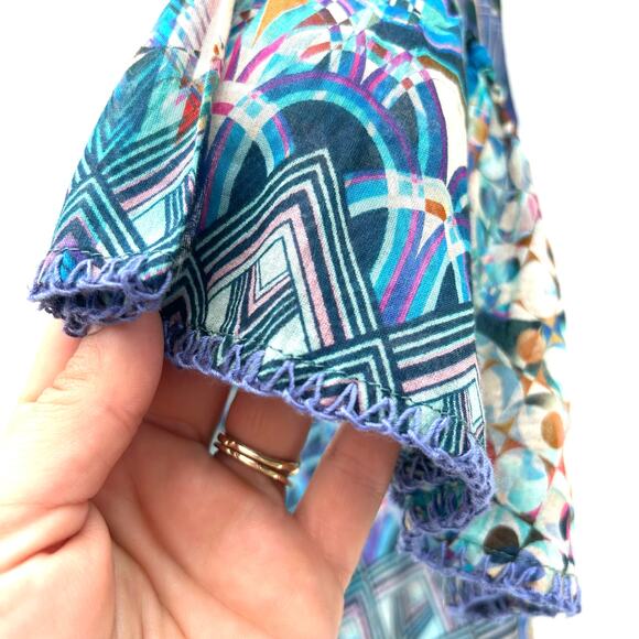 Johnny Was Workshop Klodi Ruffle Sleeve Blue Pattern Top Lightweight Blouse XS - Picture 9 of 10